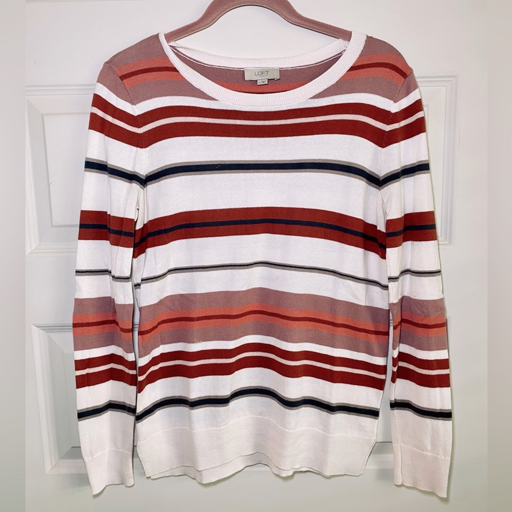 LOFT Striped Crew Neck Sweater - Red, White, and Black